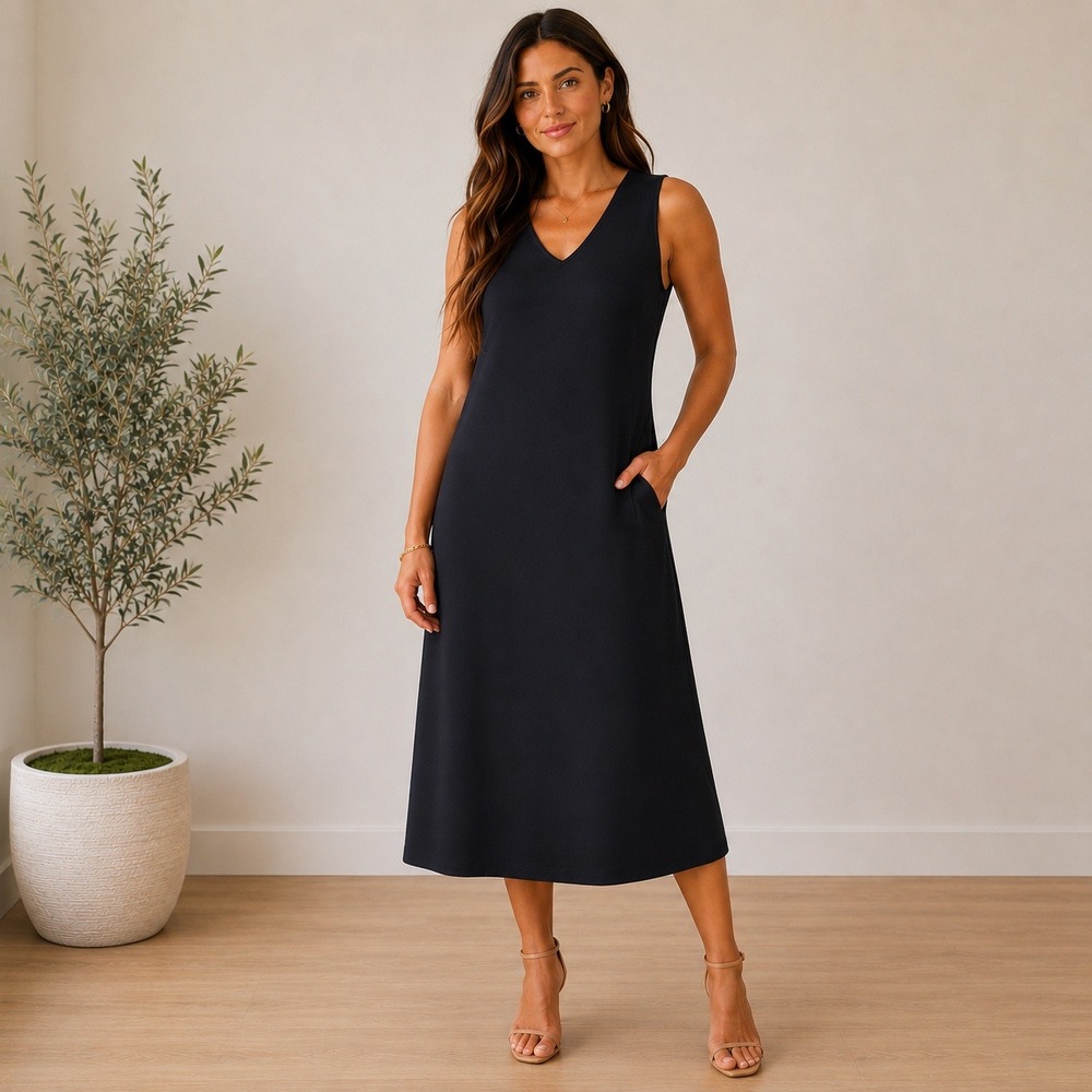 Mossimo Women Black Sleeveless V-Neck Midi Sheath Dress Size 6